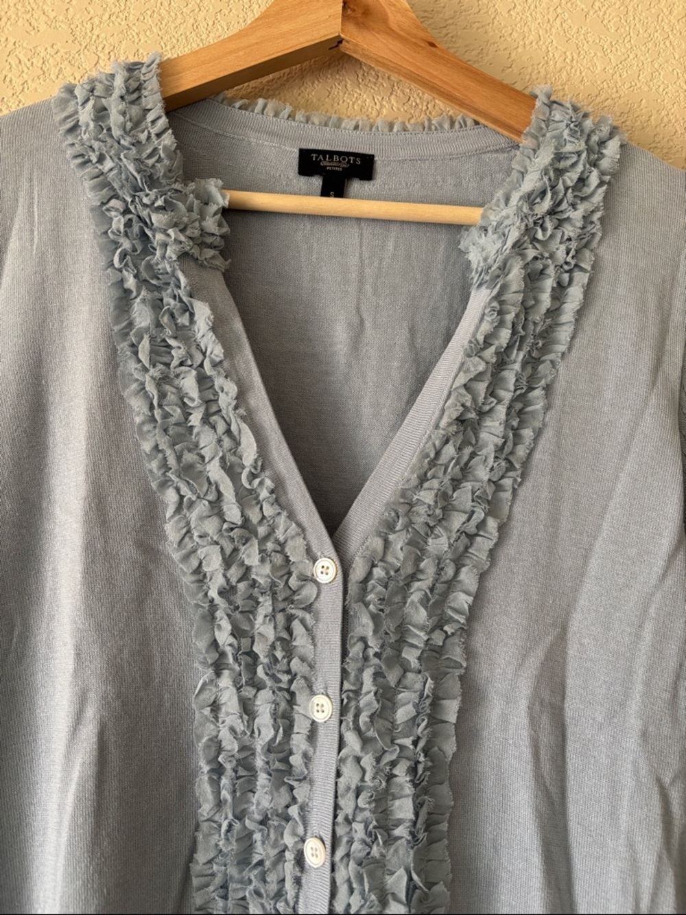Talbots Petiites Light Blue Ruffle-Trim V-Neck Cardigan - Picture 3 of 4
